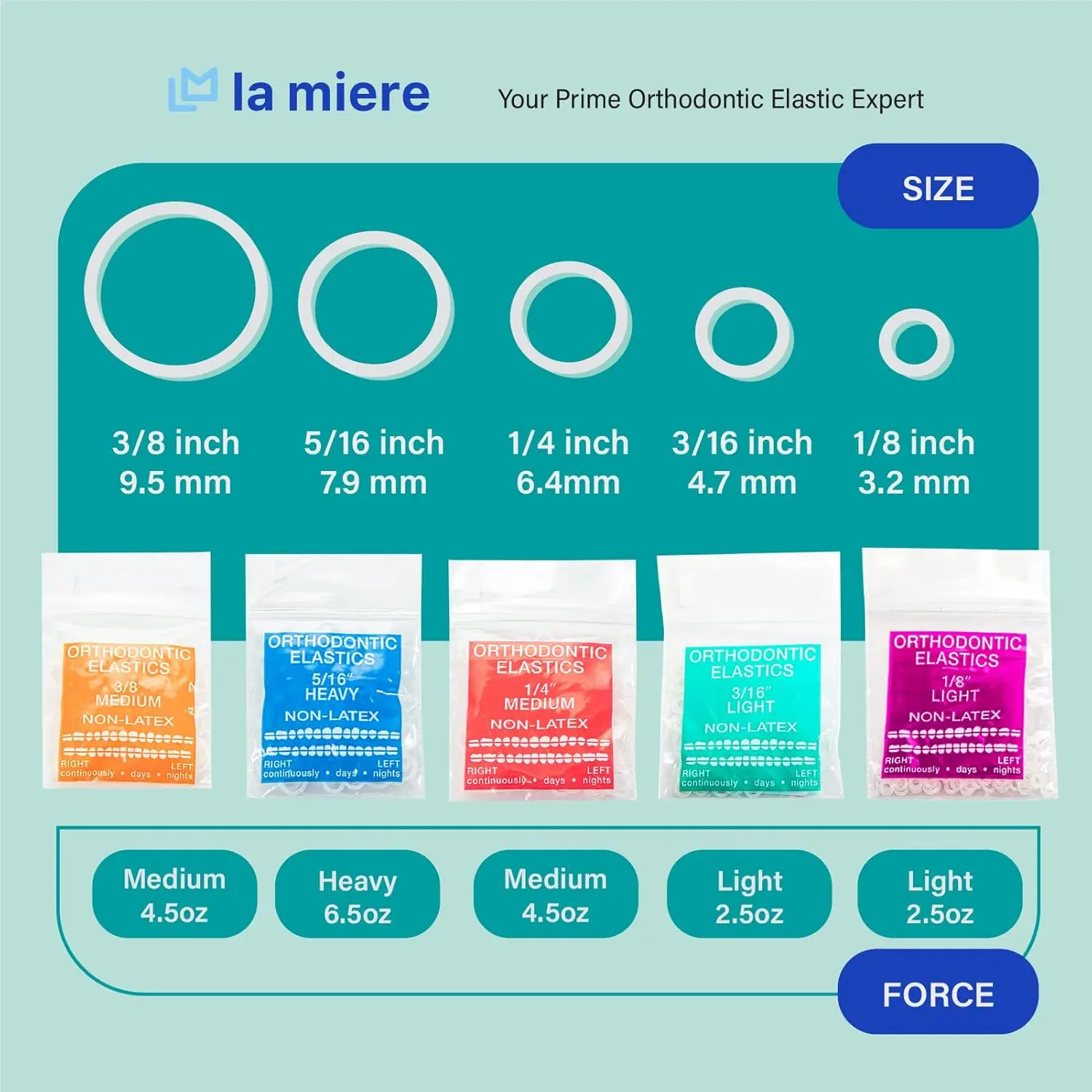 A pack of 300 clear, prime medical grade orthodontic elastic bands, heavy force, 3/8 inch size, for consistent and accurate dental use.