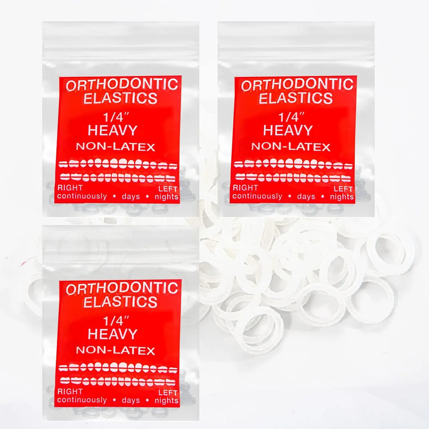 A pack of 300 clear, prime medical grade orthodontic elastic bands, heavy force, 3/8 inch size, for consistent and accurate dental use.