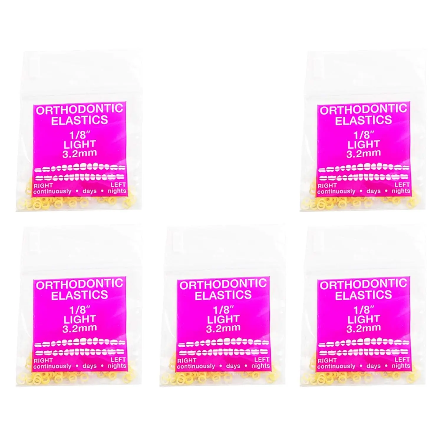 This is a pack of 500 light, 1/8 inch intraoral orthodontic elastics made in the USA from high quality natural rubber, designed for closing gaps and orthodontics, and includes a free elastic placer.