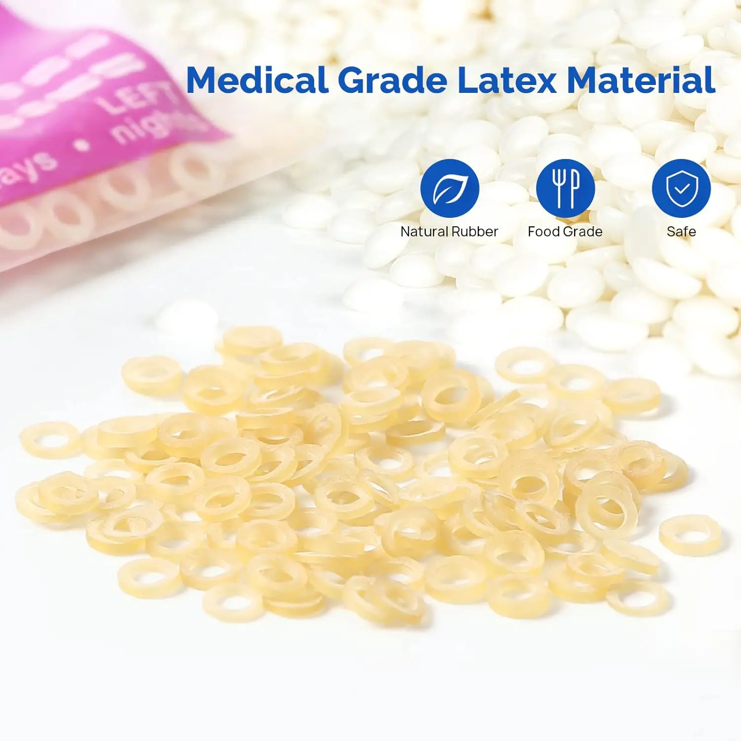 This is a pack of 500 light, 1/8 inch intraoral orthodontic elastics made in the USA from high quality natural rubber, designed for closing gaps and orthodontics, and includes a free elastic placer.