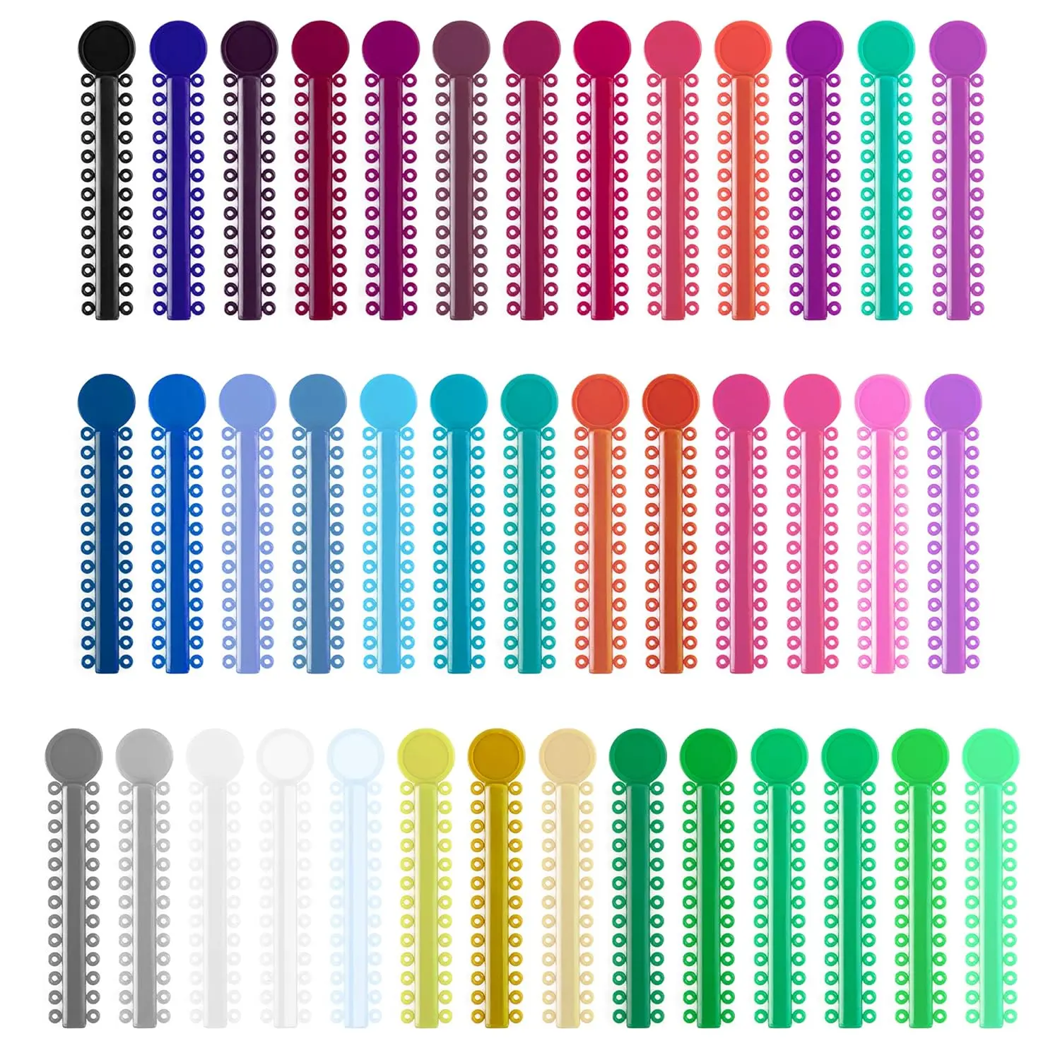 A colorful assortment of OSGP orthodontic ligature ties, also known as o-rings or braces rubber bands, used in dental braces to hold the archwire in place and available in 40 different colors.