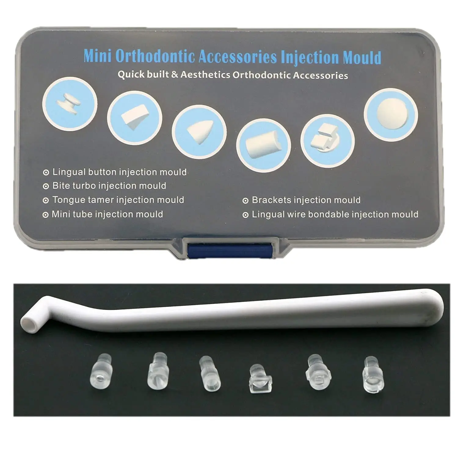 This orthodontic mold kit contains six different high quality molds for quickly creating aesthetic accessories like tubes and lingual retention buttons in just three easy steps, recommended by dentists.