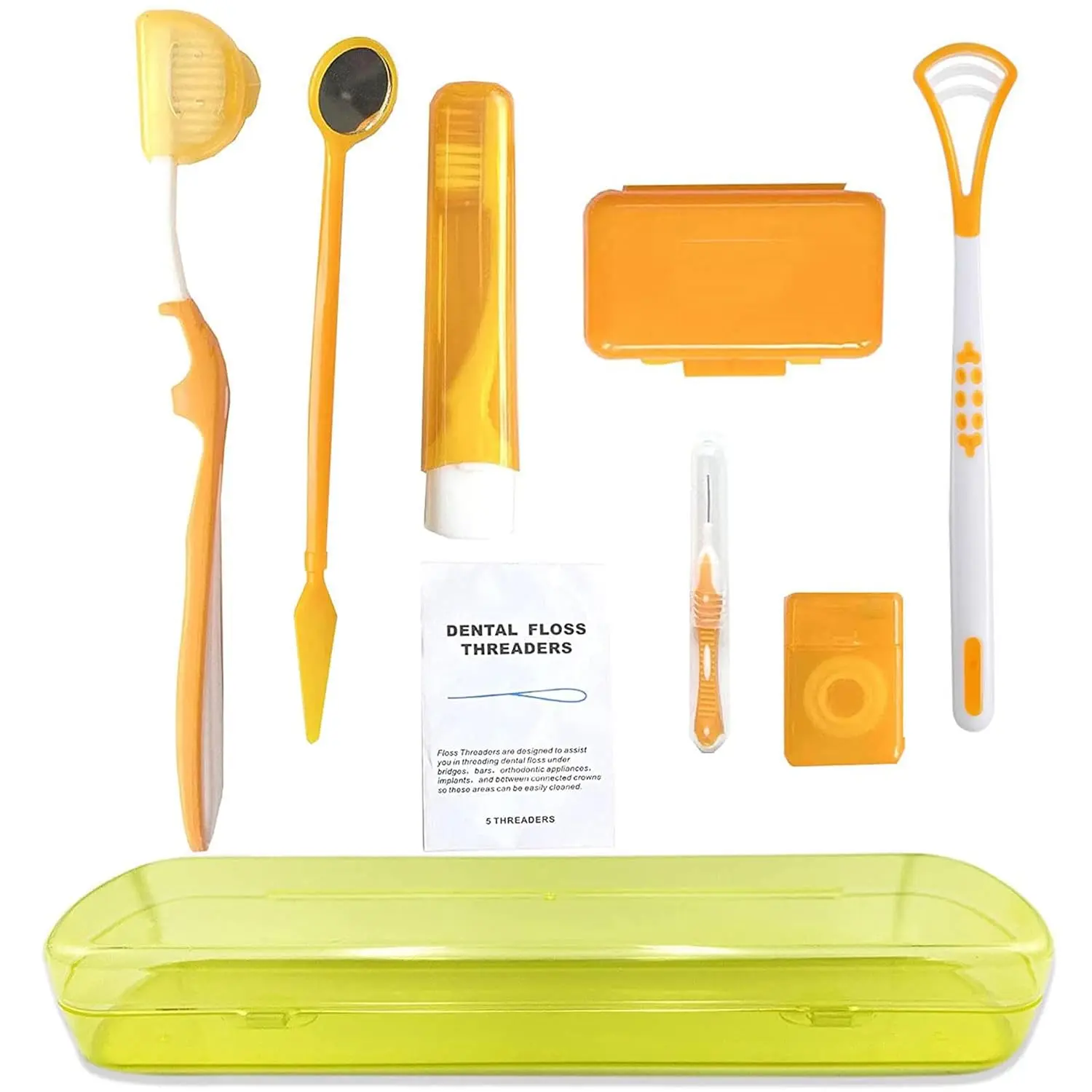 This portable orthodontic oral care kit includes a V-shape toothbrush, travel toothbrush, dental floss, mouth mirror, orthodontic wax, interdental brush, hourglass timer, and floss threaders for cleaning braces.