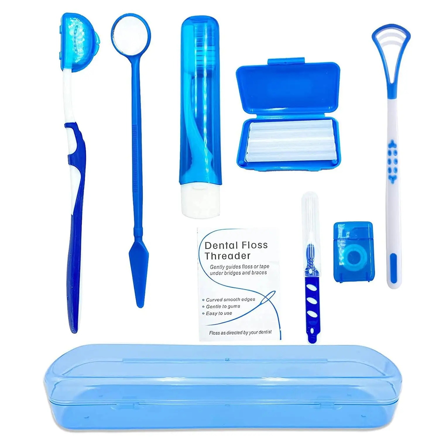 This portable orthodontic oral care kit includes a V-shape toothbrush, travel toothbrush, dental floss, mouth mirror, orthodontic wax, interdental brush, hourglass timer, and floss threaders for cleaning braces.
