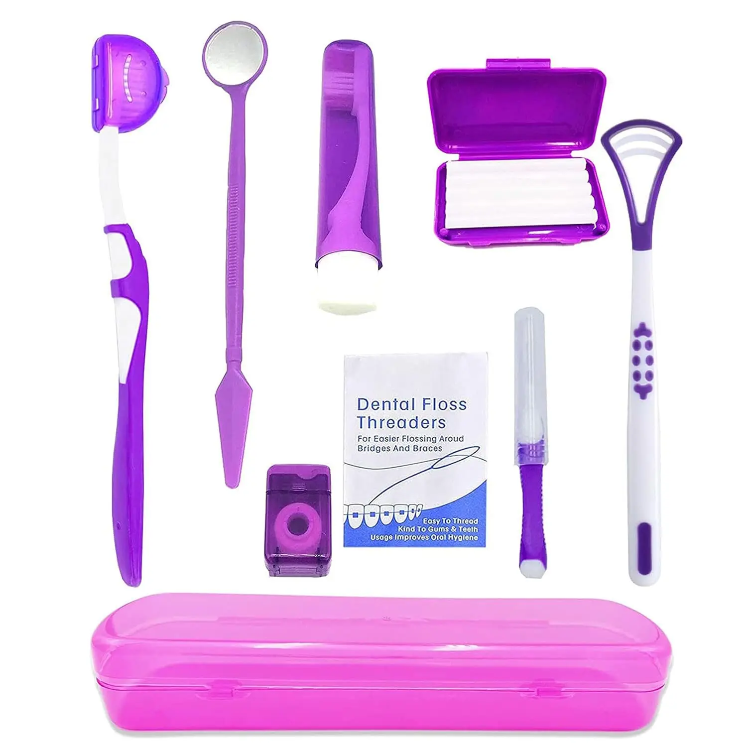 This portable orthodontic oral care kit includes a V-shape toothbrush, travel toothbrush, dental floss, mouth mirror, orthodontic wax, interdental brush, hourglass timer, and floss threaders for cleaning braces.