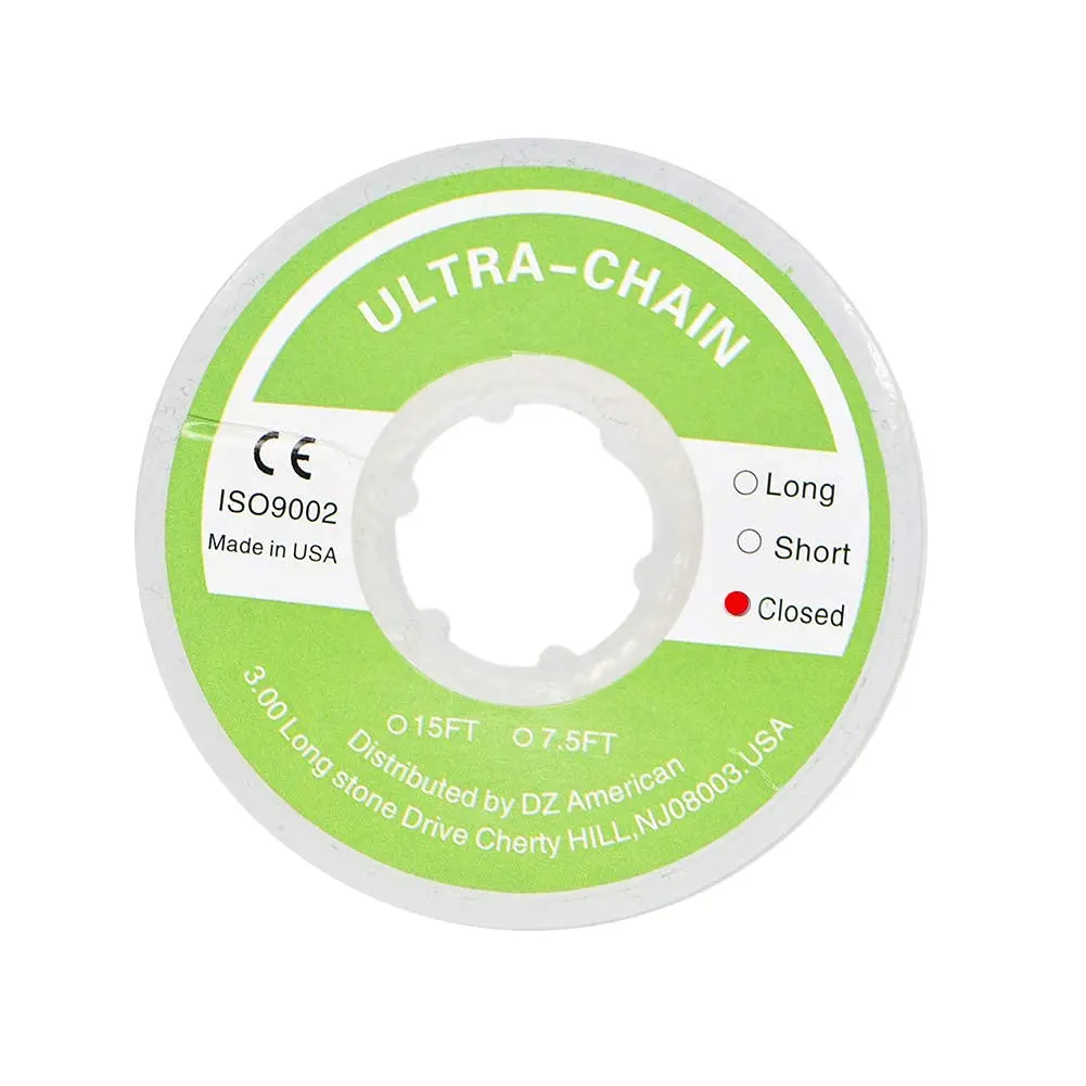 Spool of clear hypoallergenic dental power chains with superior elongation, designed for easy elastic placement in orthodontic braces with flexible and resilient rubber bands.