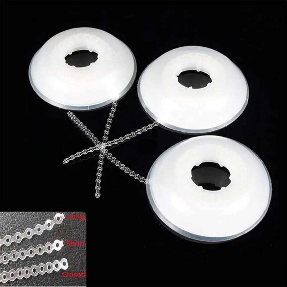 Spool of clear hypoallergenic dental power chains with superior elongation, designed for easy elastic placement in orthodontic braces with flexible and resilient rubber bands.