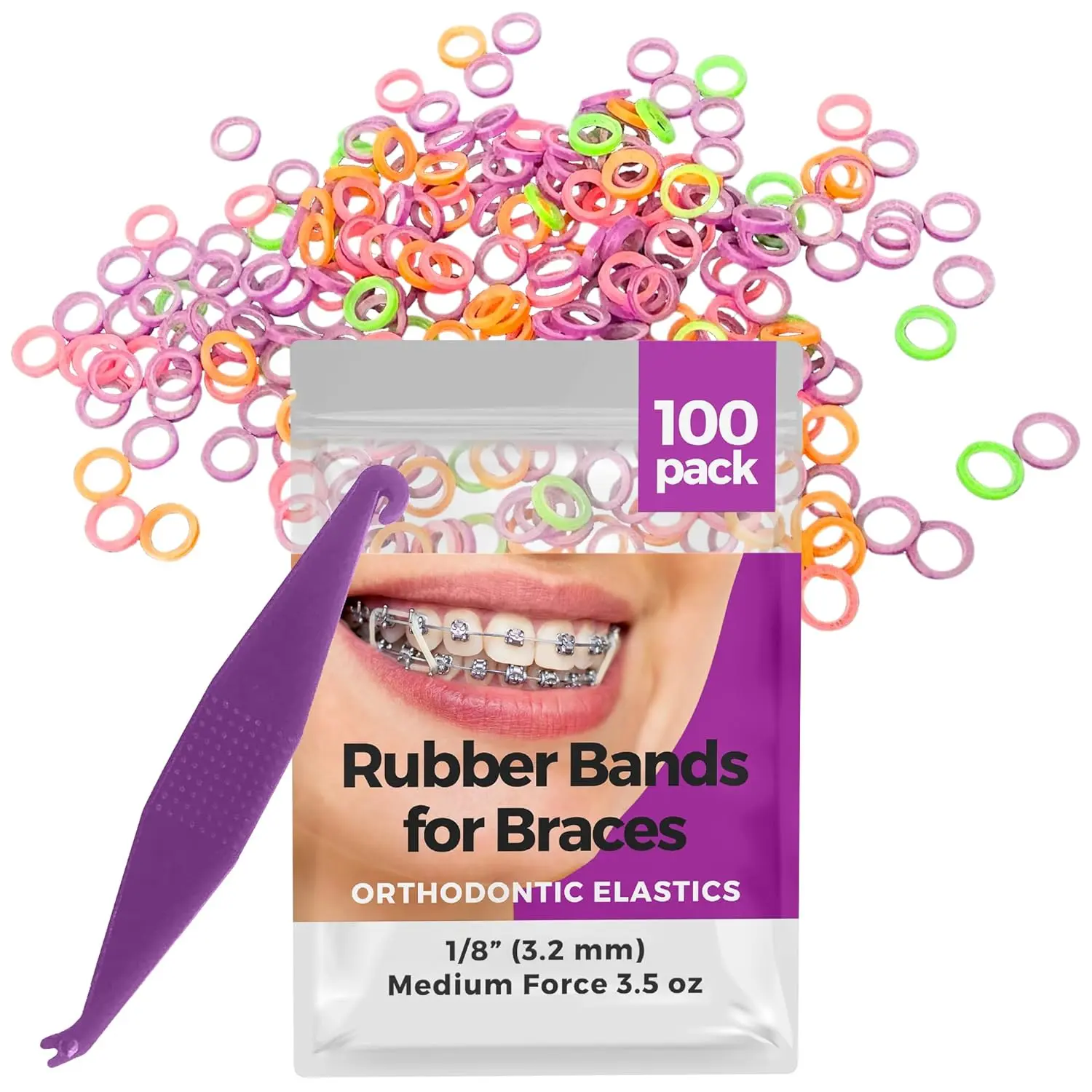 Neon 1/8 inch orthodontic rubber bands providing medium force for braces, gap closure, and various dental and creative applications, including one elastic placer.
