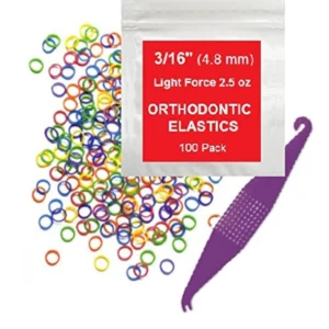 Neon 3/16 inch orthodontic rubber bands used for braces and hair braids, offering a secure and comfortable fit with a free elastic placer.