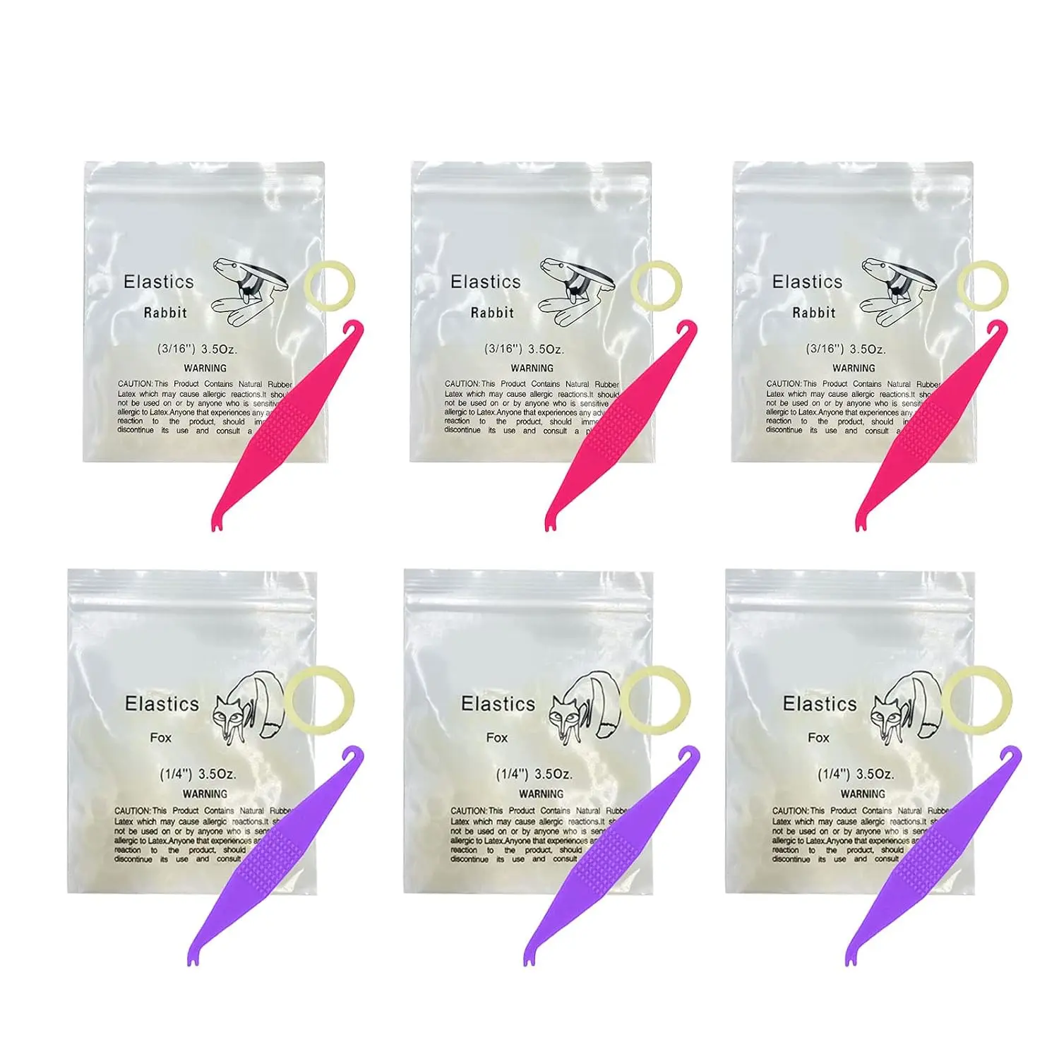 A set of 600 orthodontic rubber bands in 3/16 and 1/4 inch sizes, along with six elastic placers, perfect for braces, tooth gaps, hair braids, and various other applications.