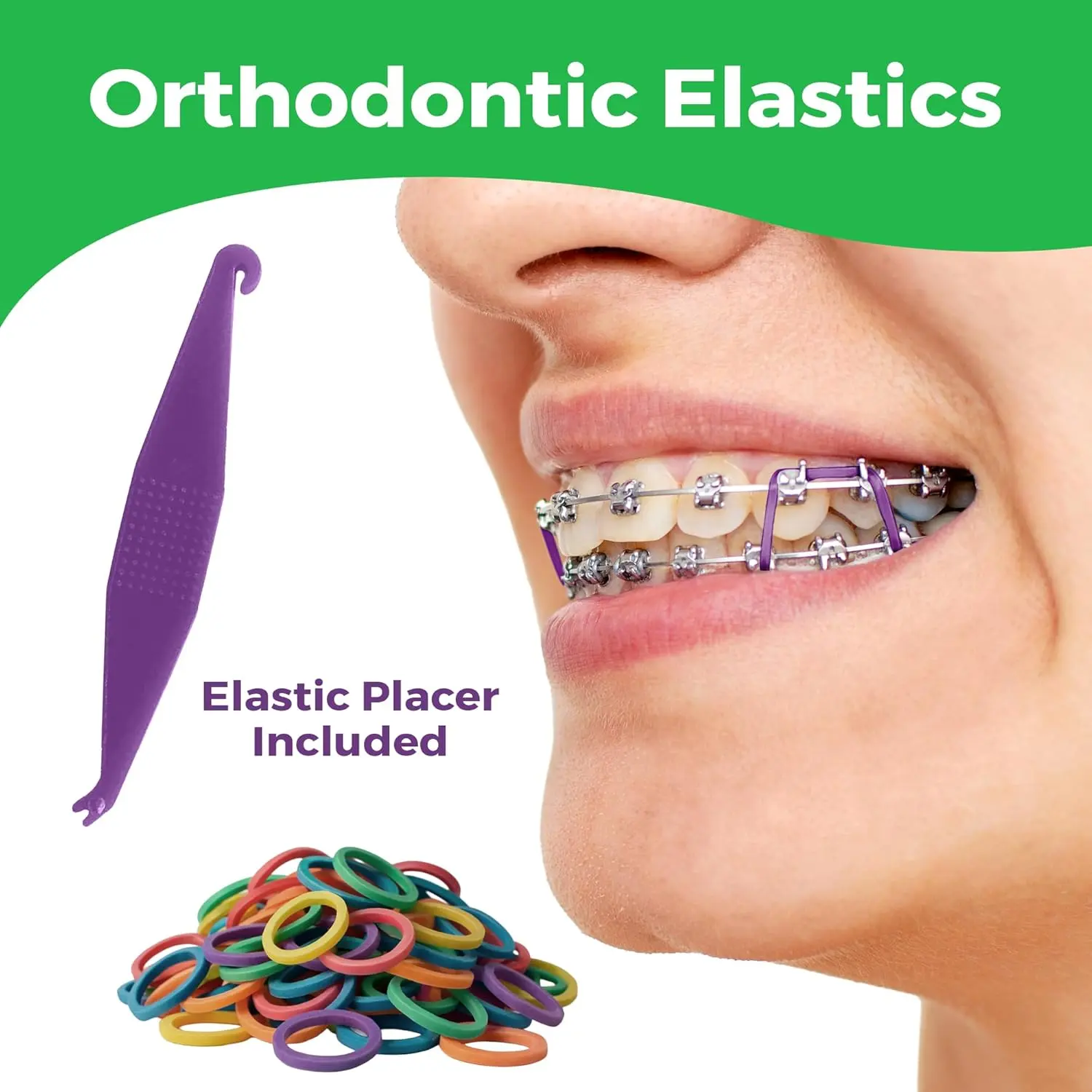 Neon 1/8 inch orthodontic rubber bands providing medium force for braces, gap closure, and various dental and creative applications, including one elastic placer.