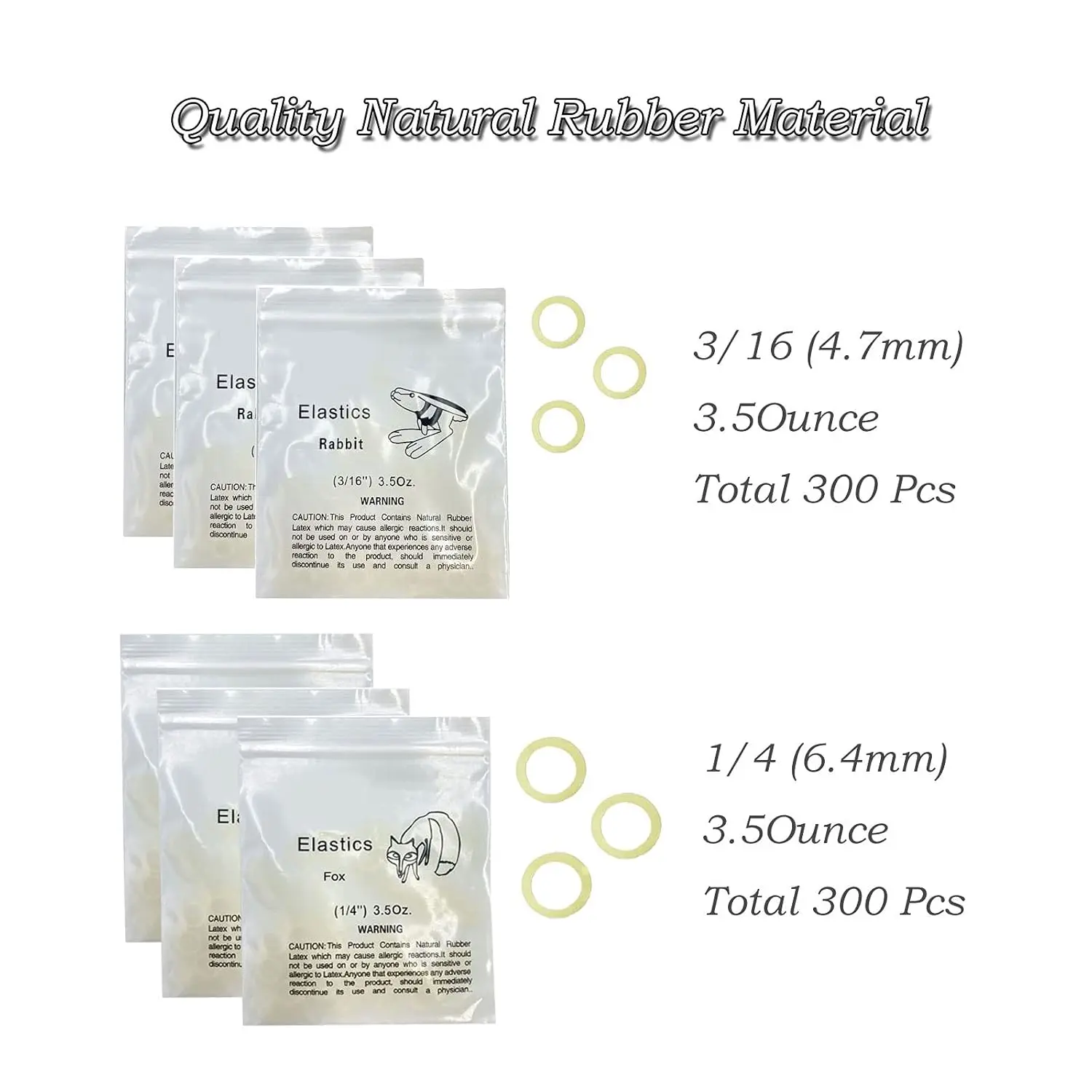 A set of 600 orthodontic rubber bands in 3/16 and 1/4 inch sizes, along with six elastic placers, perfect for braces, tooth gaps, hair braids, and various other applications.