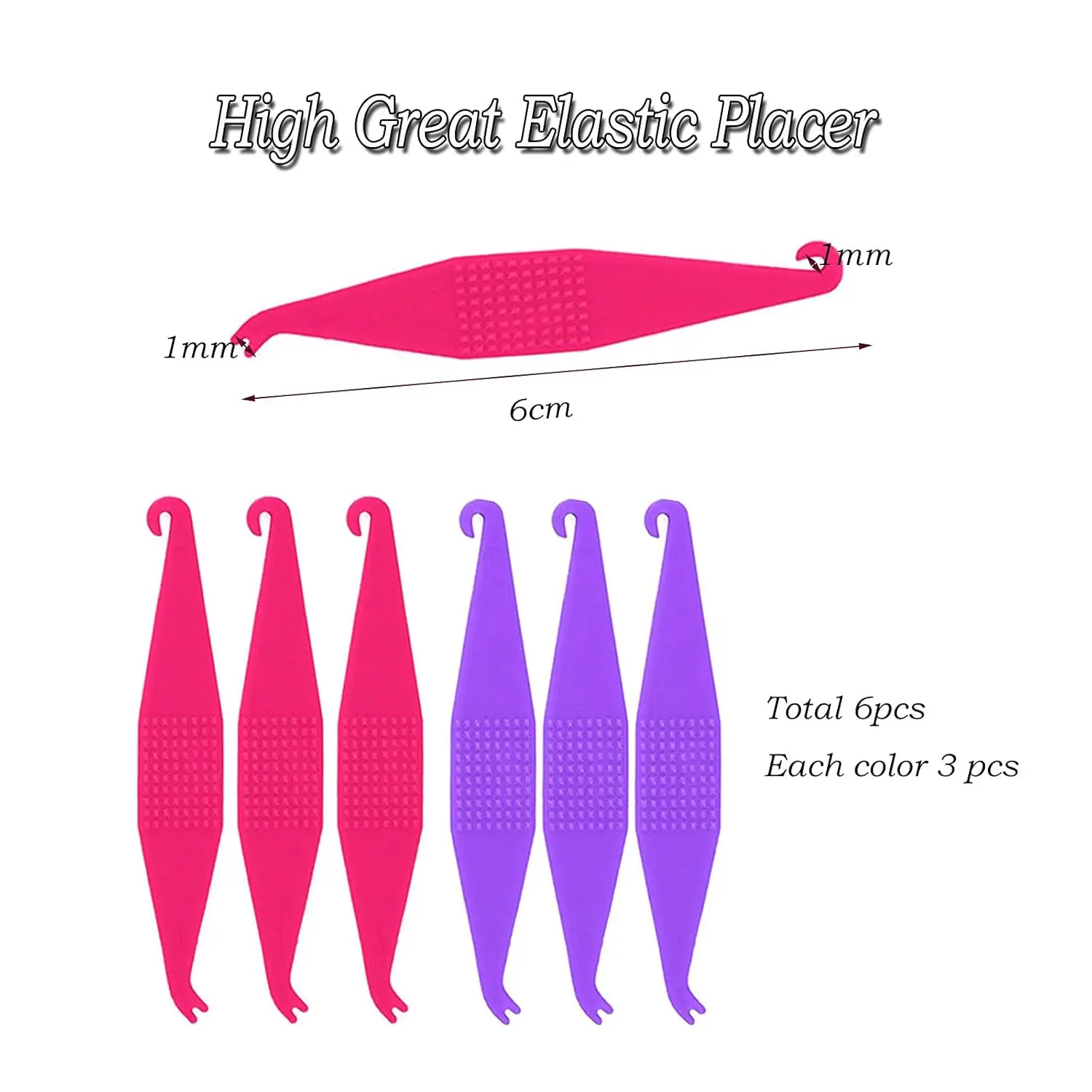 A set of 600 orthodontic rubber bands in 3/16 and 1/4 inch sizes, along with six elastic placers, perfect for braces, tooth gaps, hair braids, and various other applications.