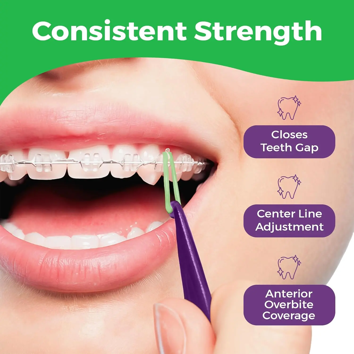 Neon 1/8 inch orthodontic rubber bands providing medium force for braces, gap closure, and various dental and creative applications, including one elastic placer.
