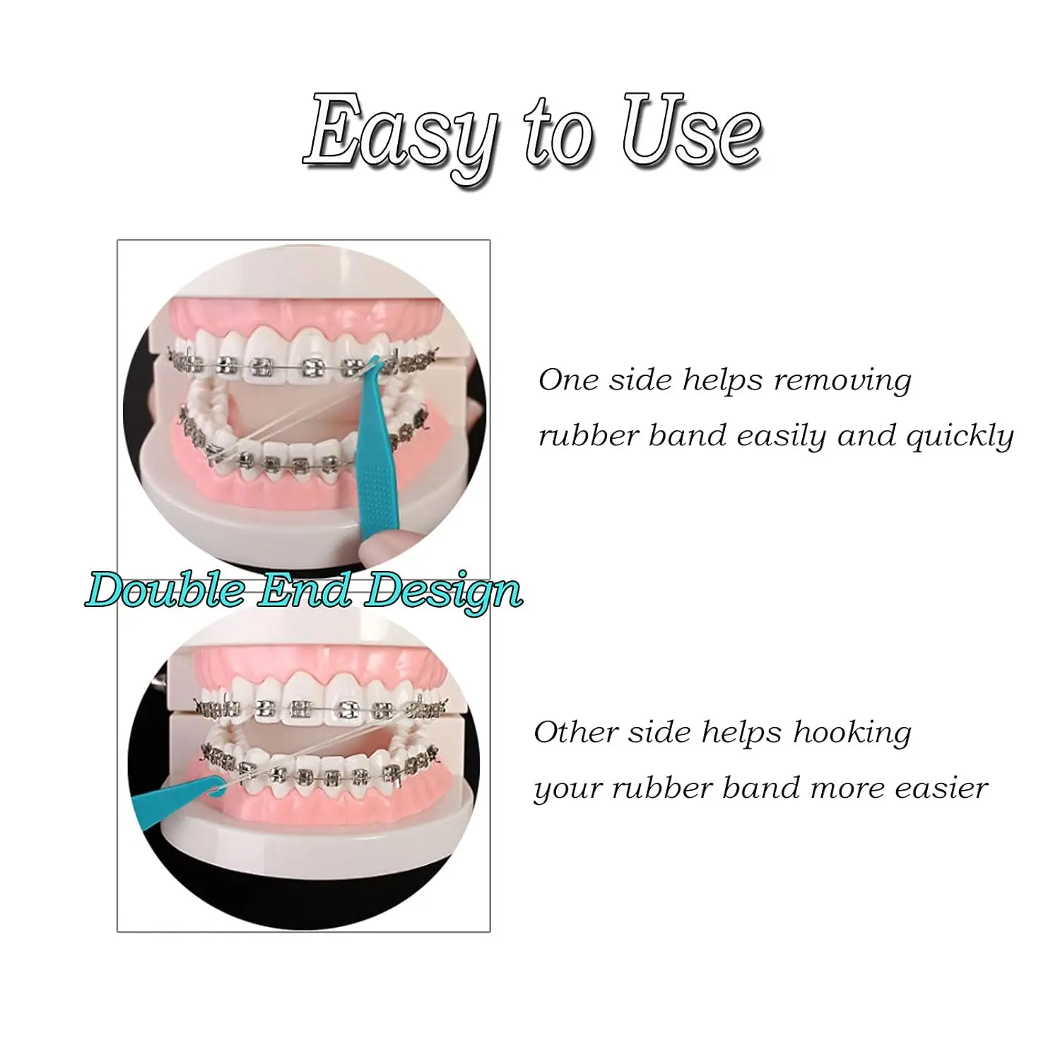 A set of 600 orthodontic rubber bands in 3/16 and 1/4 inch sizes, along with six elastic placers, perfect for braces, tooth gaps, hair braids, and various other applications.