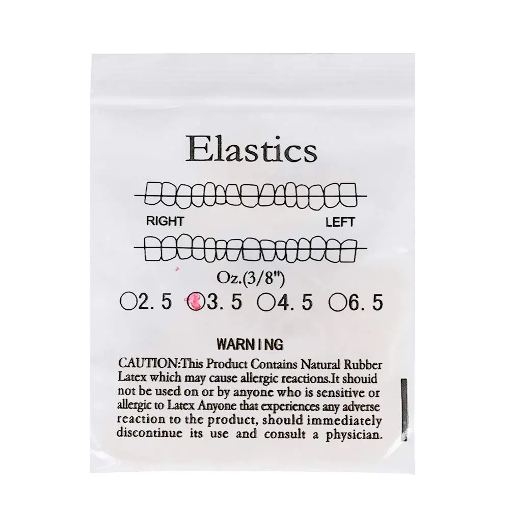Ten bags of 3/8 inch clear orthodontic rubber bands, also suitable for dog grooming, doll hair, and crafts; however, contains latex.