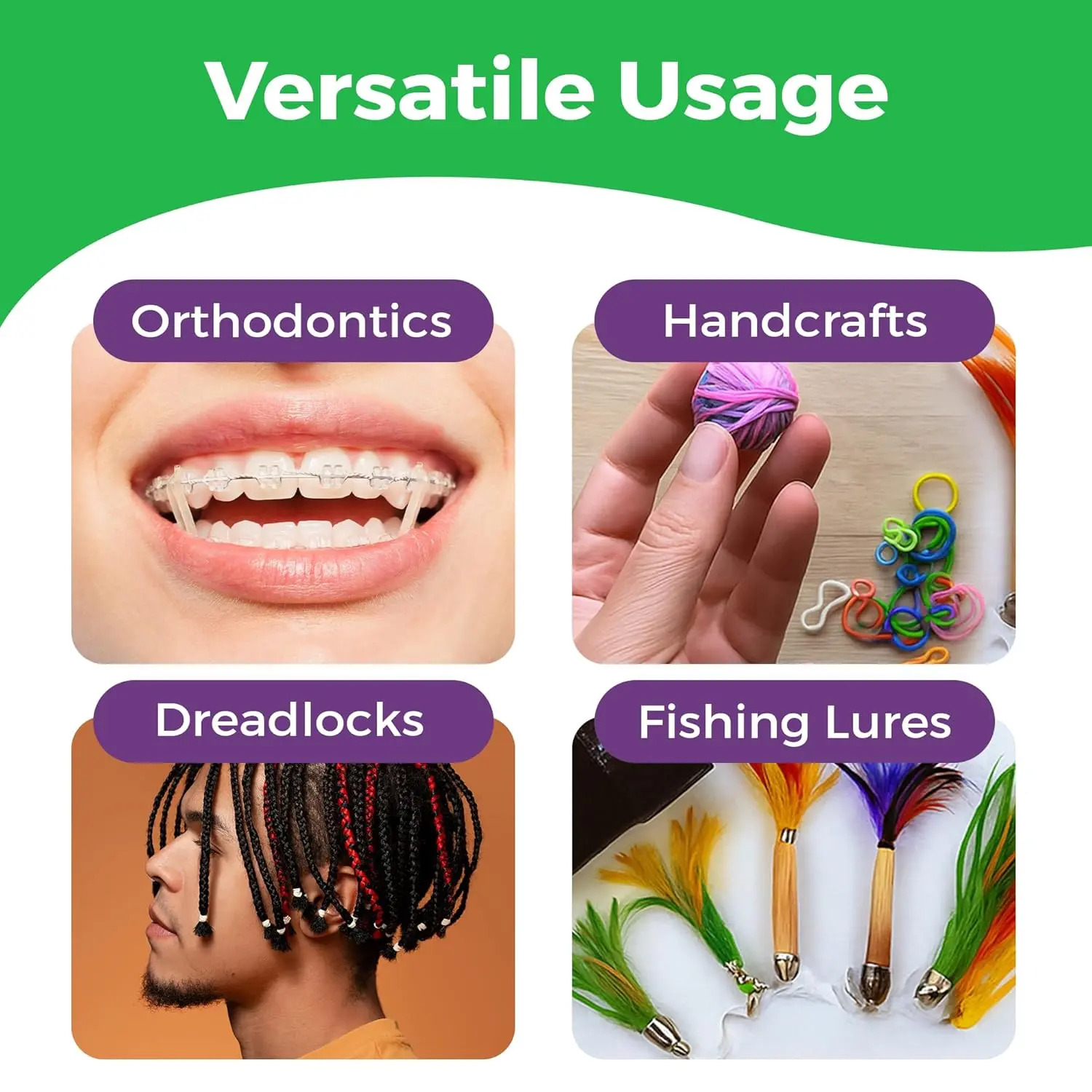 Neon 1/8 inch orthodontic rubber bands providing medium force for braces, gap closure, and various dental and creative applications, including one elastic placer.