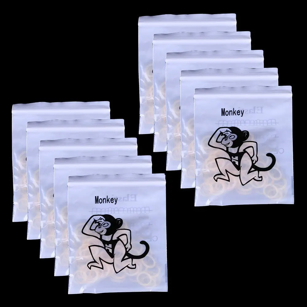 Ten bags of 3/8 inch clear orthodontic rubber bands, also suitable for dog grooming, doll hair, and crafts; however, contains latex.