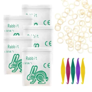 This image shows a pack of Annhua clear orthodontic elastic rubber bands with elastics placers, size 3/16" and heavy force 4.5 Oz, designed to help correct bite problems such as overbites and underbites.