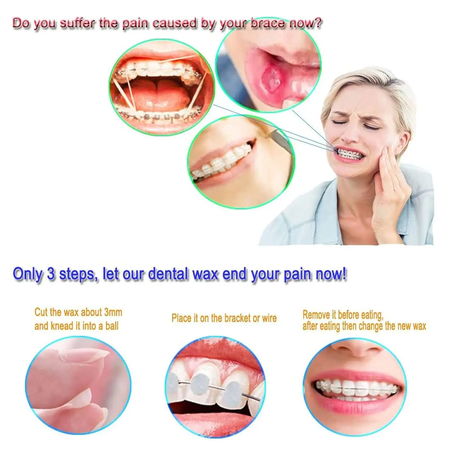 Ten packs of clear, tasteless dental orthodontic wax for braces providing temporary relief from irritation and gum protection.