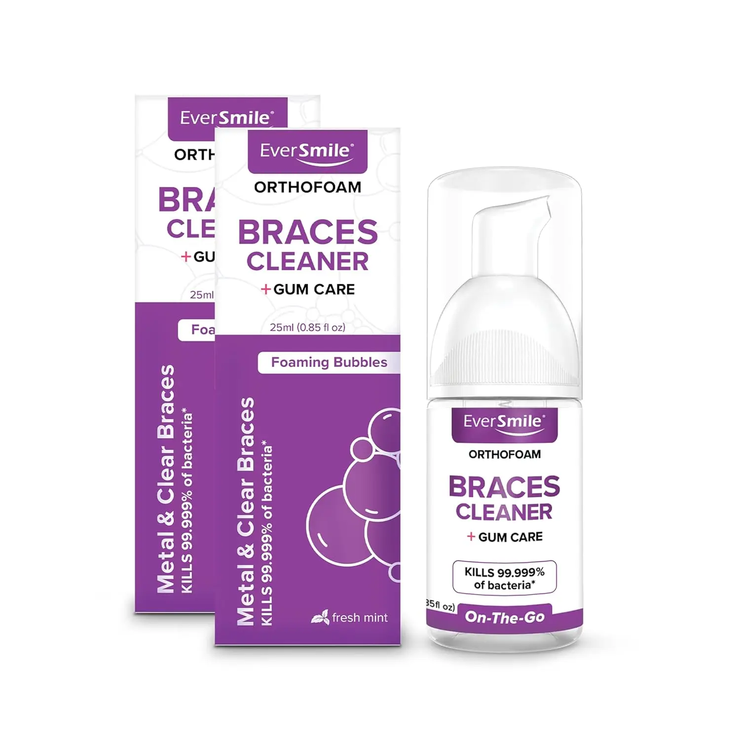 EverSmile OrthoFoam brace cleaner uses foaming bubbles to whiten teeth under brackets and fight plaque, leaving a fresh, bubblegum flavored breath.