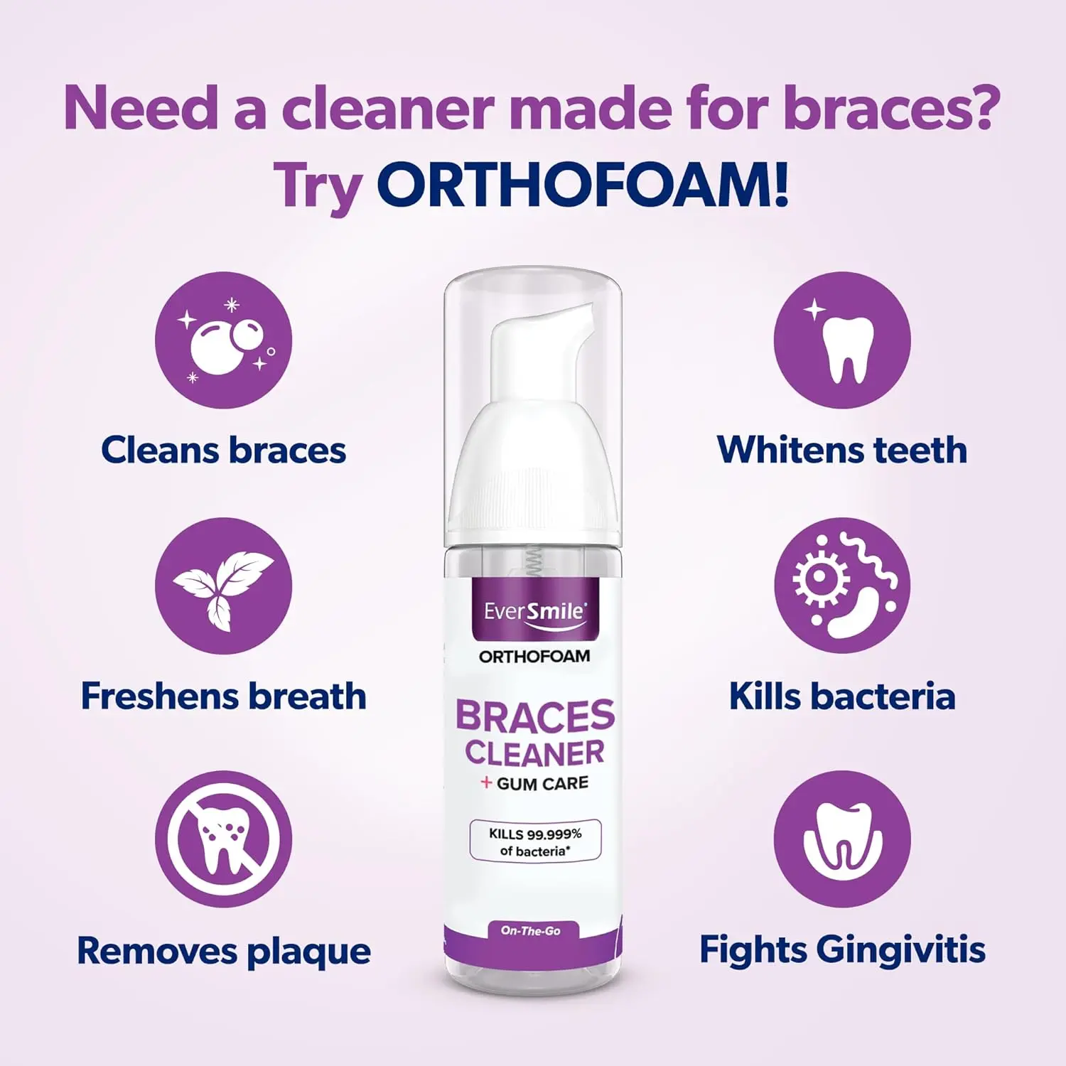 EverSmile OrthoFoam brace cleaner uses foaming bubbles to whiten teeth under brackets and fight plaque, leaving a fresh, bubblegum flavored breath.