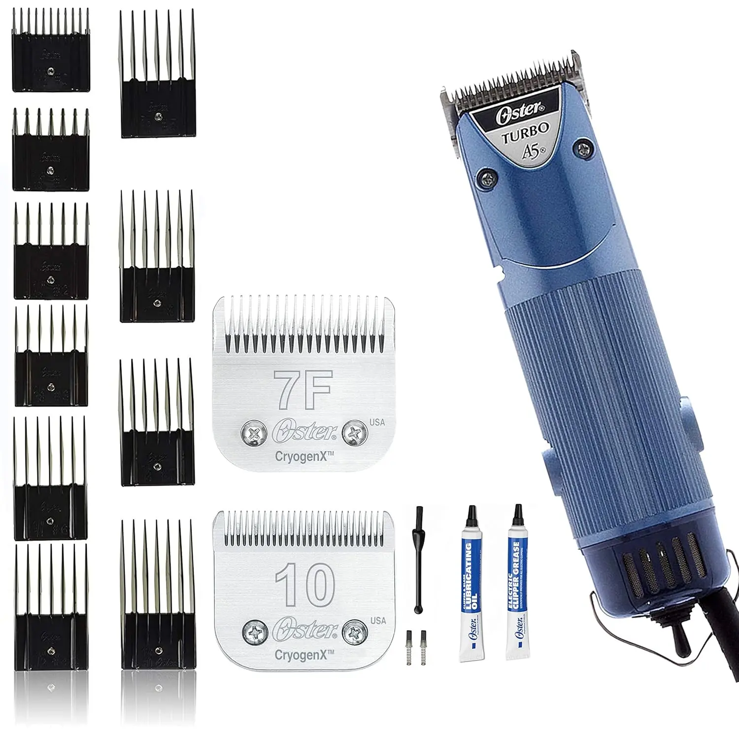 Oster A5 dual-speed clipper kit includes CryogenX #10 and #7F blades along with a 7 piece universal comb set for professional grooming.