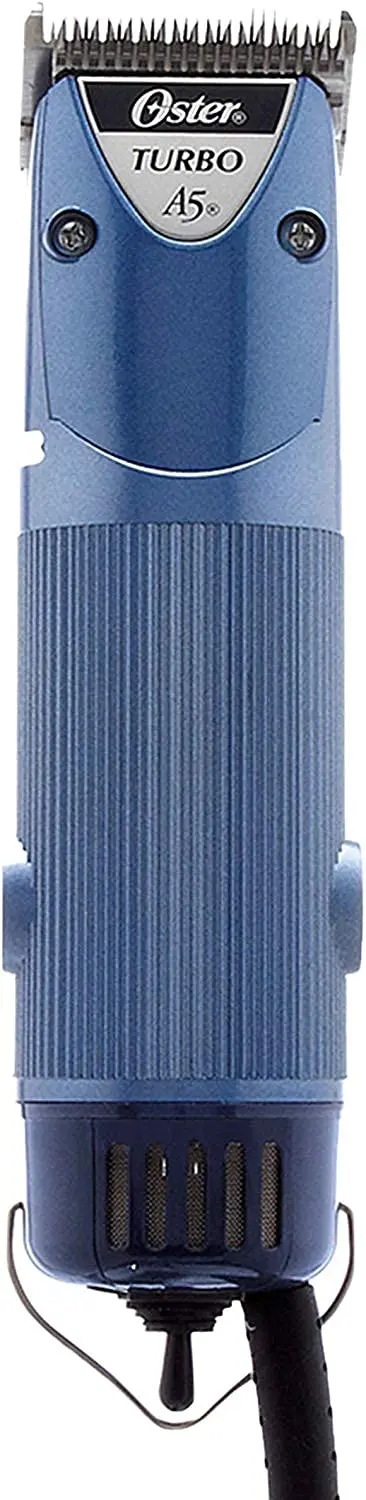 Oster A5 dual-speed clipper kit includes CryogenX #10 and #7F blades along with a 7 piece universal comb set for professional grooming.