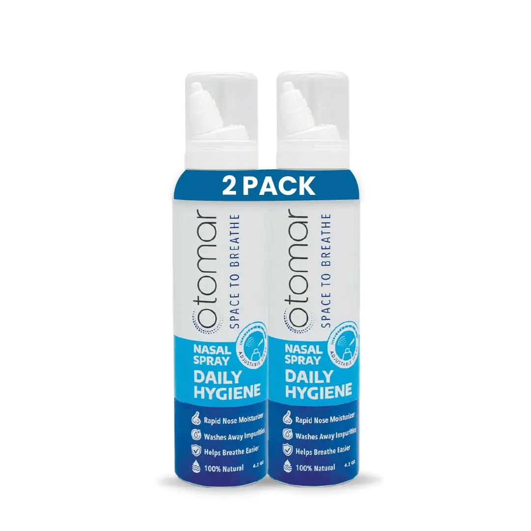 This two-pack of Otomar saline nasal spray provides natural allergy and sinus symptom relief by washing away impurities and moisturizing nasal passages for adults.
