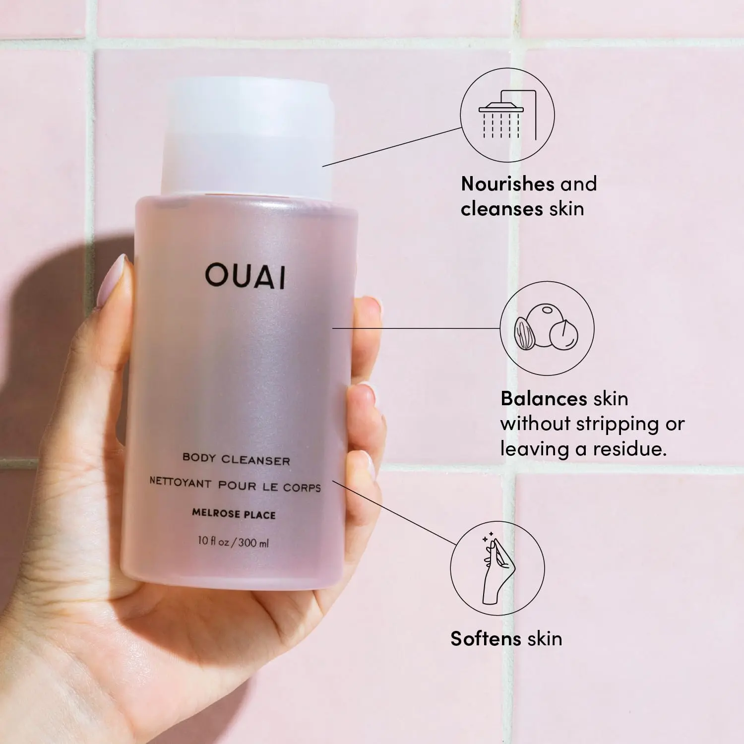 OUAI Melrose Place body wash is a foaming cleanser with rosehip and jojoba oil to hydrate, nurture, balance, and soften skin, leaving you with a luxurious at-home spa experience.