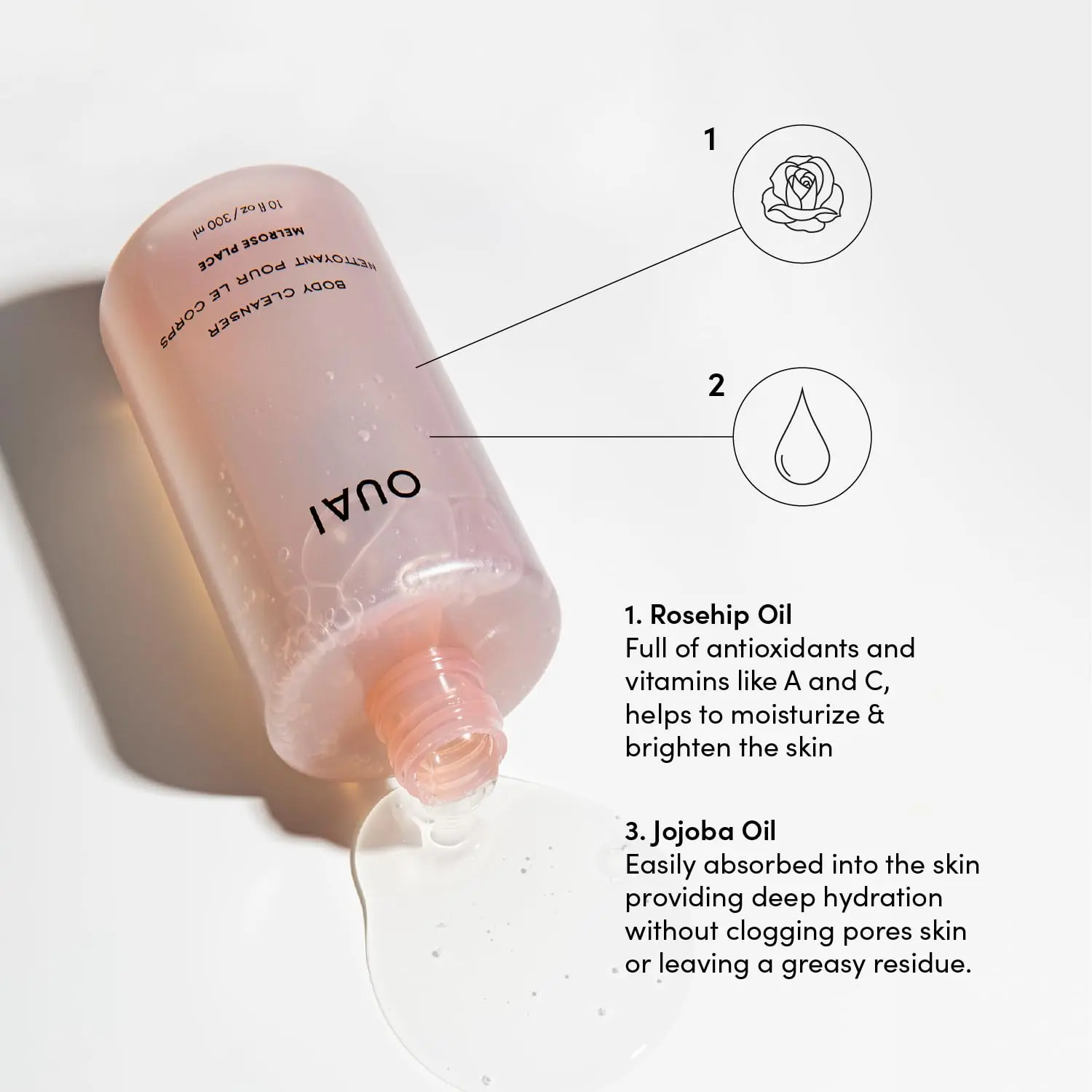 OUAI Melrose Place body wash is a foaming cleanser with rosehip and jojoba oil to hydrate, nurture, balance, and soften skin, leaving you with a luxurious at-home spa experience.