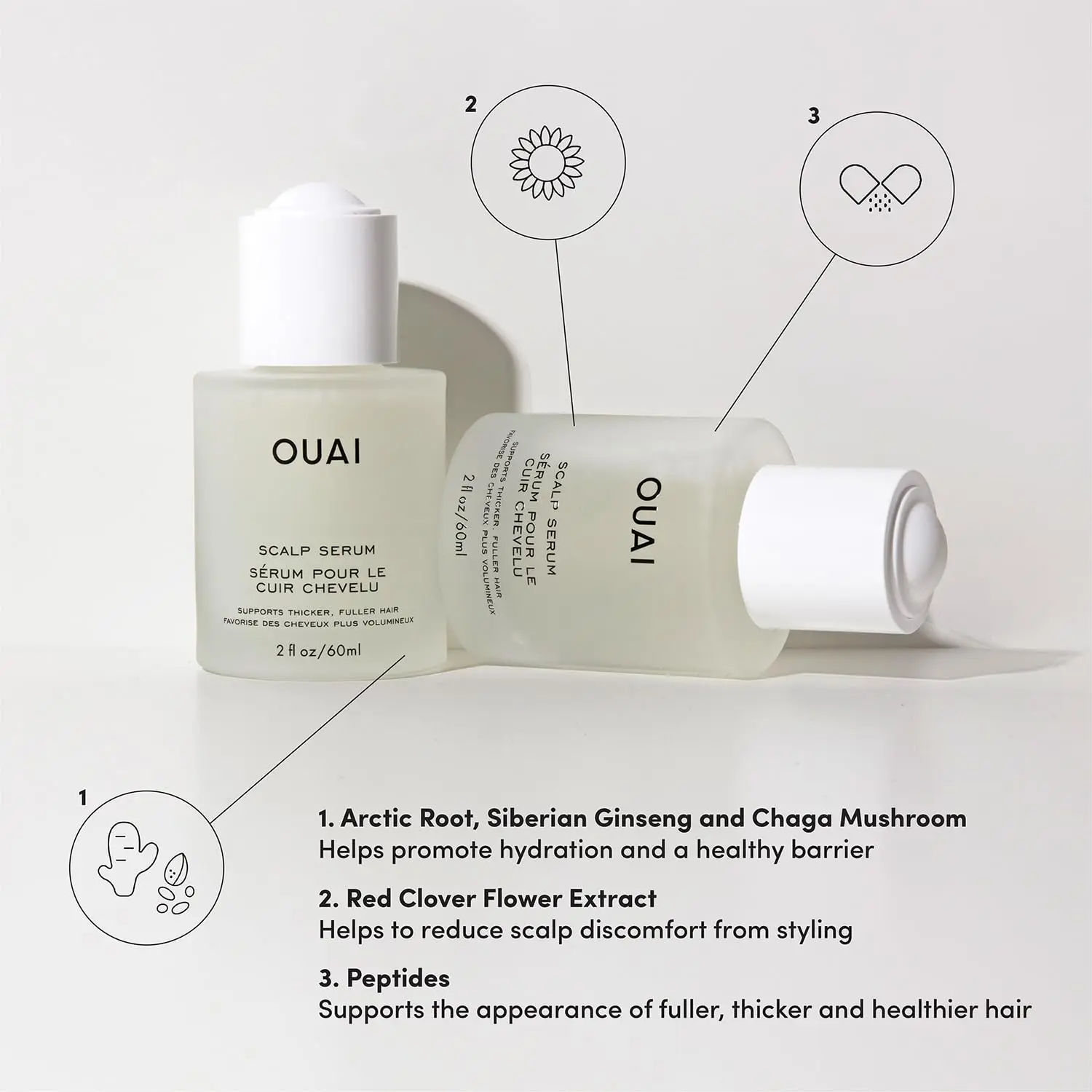 OUAI scalp serum promotes a healthy scalp barrier and hydrates dry scalps for thicker, fuller-looking hair.