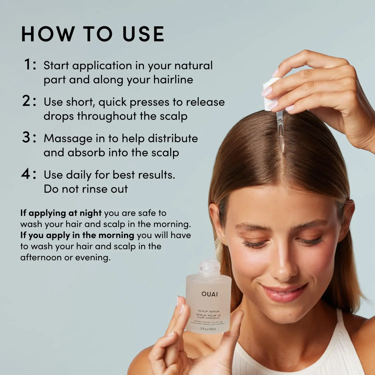 OUAI scalp serum promotes a healthy scalp barrier and hydrates dry scalps for thicker, fuller-looking hair.