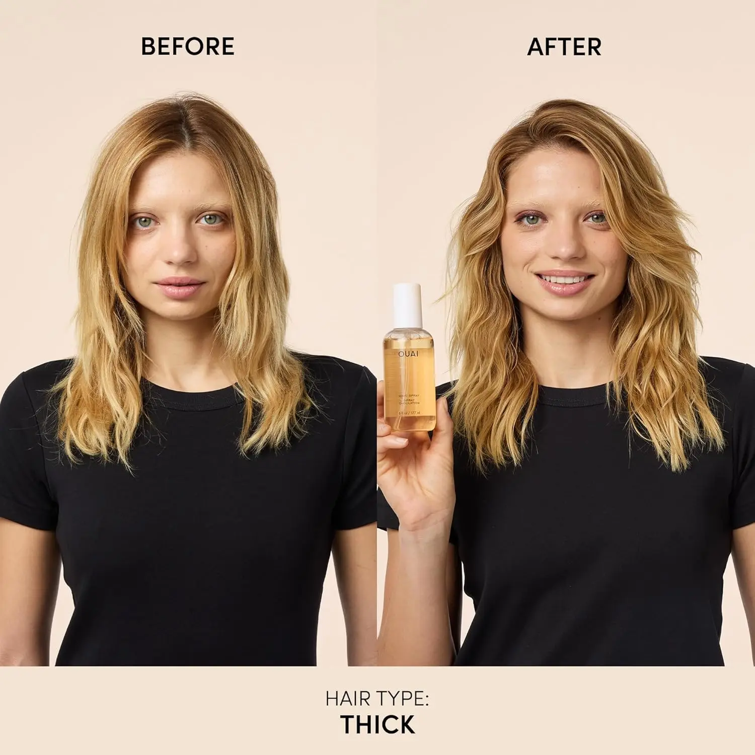 The OUAI Wave Spray travel size bottle gives hair effortless beachy texture, volume, and shine without harmful ingredients.