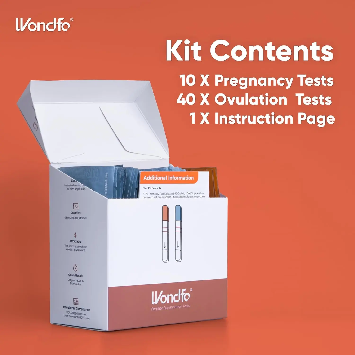 This value pack includes 40 ovulation tests to pinpoint your most fertile days and 10 early detection pregnancy tests, both FDA-approved for accurate results.