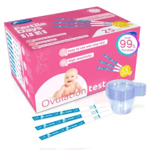 This image shows ovulation test strips designed to help women predict their most fertile days for conceiving naturally and accurately, with results ready in minutes.