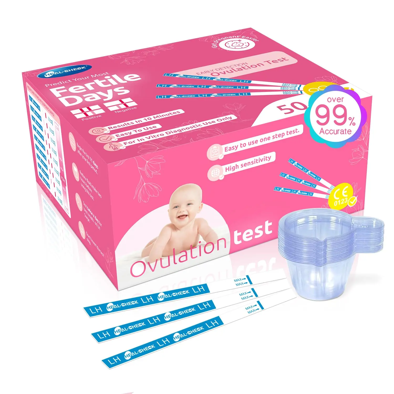 This ovulation test kit for women includes 50 LH test strips and free urine cups to easily and accurately predict ovulation at home.