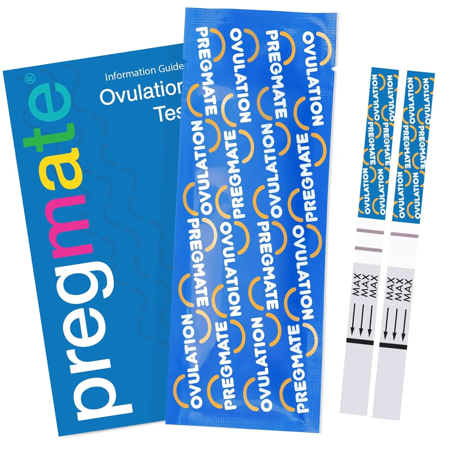 This image shows a Pregmate ovulation test strips kit with 50 individually wrapped tests for accurately predicting your most fertile days and identifying the best time to conceive with over 99% accuracy.