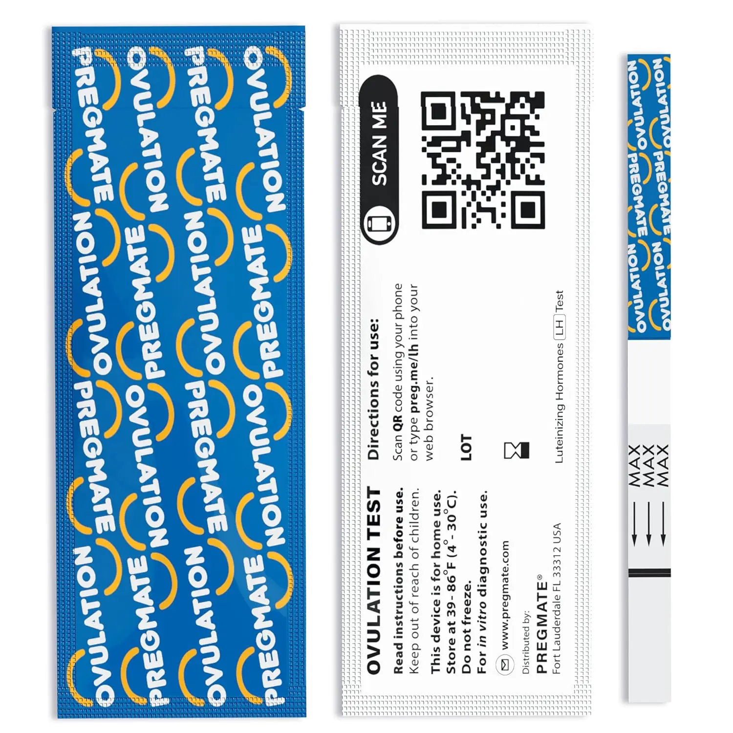 This image shows a Pregmate ovulation test strips kit with 50 individually wrapped tests for accurately predicting your most fertile days and identifying the best time to conceive with over 99% accuracy.