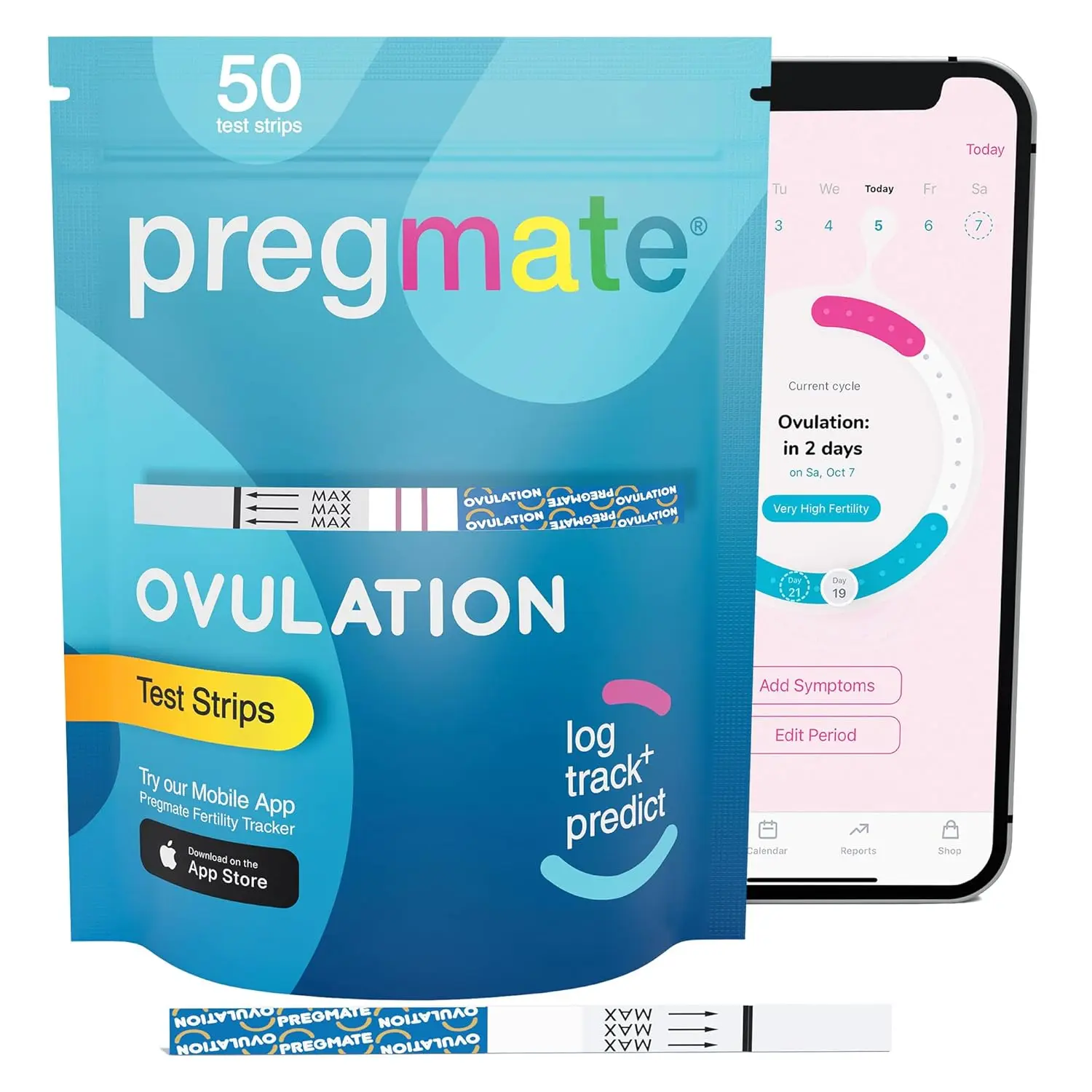This image shows a Pregmate ovulation test strips kit with 50 individually wrapped tests for accurately predicting your most fertile days and identifying the best time to conceive with over 99% accuracy.