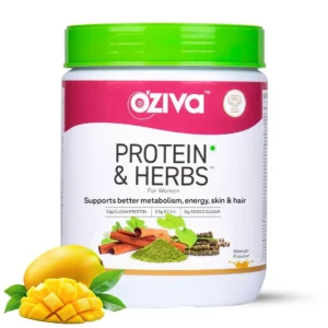 OZiva Protein & Herbs for Women in mango flavor supports weight control, boosts metabolism, and balances hormones with 23g whey protein and ayurvedic herbs.