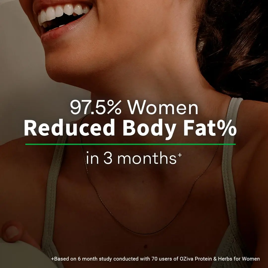 OZiva Protein & Herbs for Women in mango flavor supports weight control, boosts metabolism, and balances hormones with 23g whey protein and ayurvedic herbs.