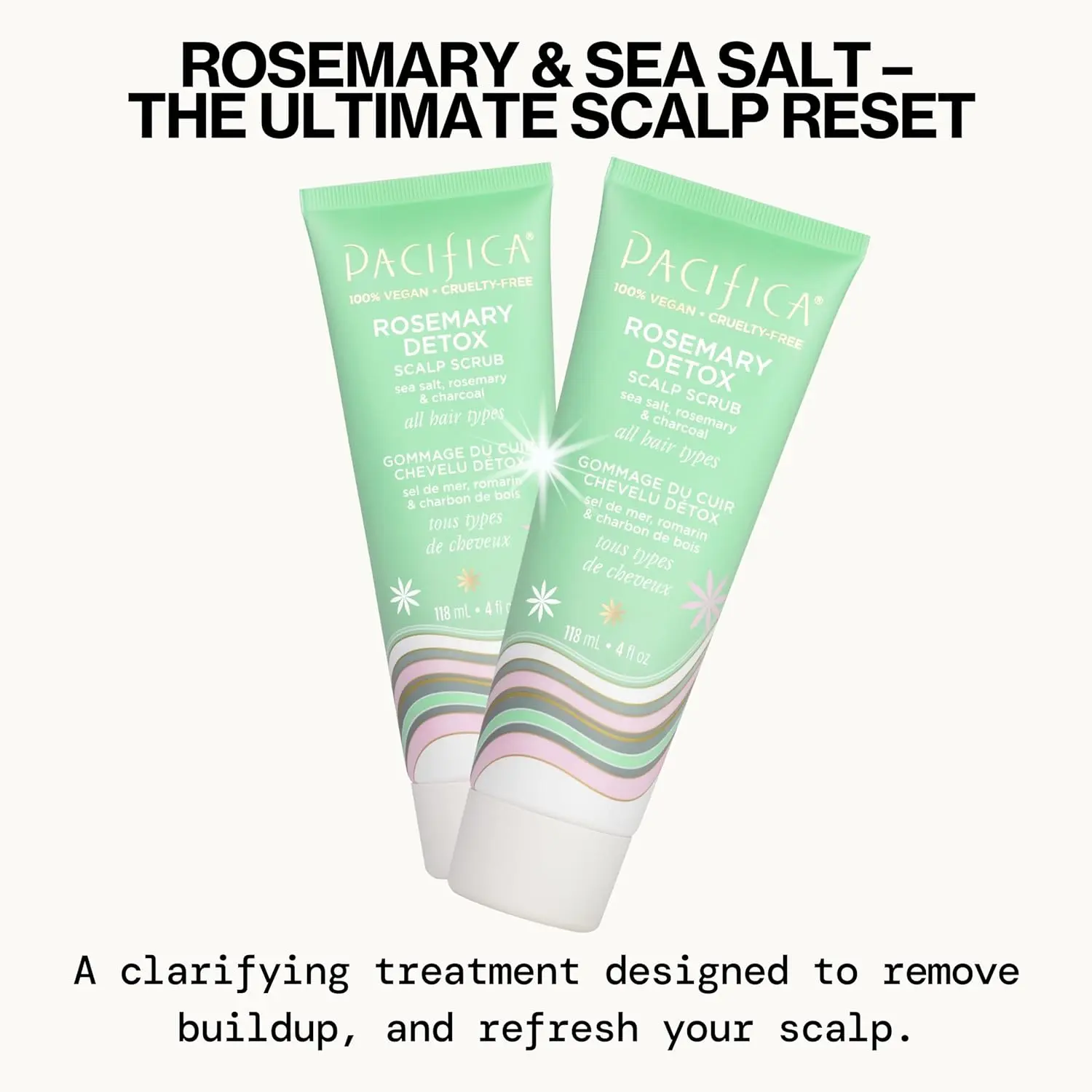Pacifica Rosemary Detox Scalp Scrub in white jar exfoliates the scalp to remove buildup with vegan ingredients like rosemary and sea salt.