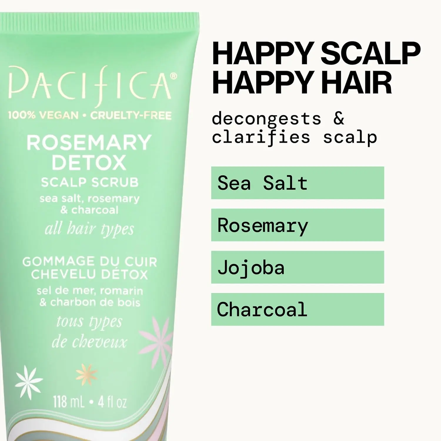 Pacifica Rosemary Detox Scalp Scrub in white jar exfoliates the scalp to remove buildup with vegan ingredients like rosemary and sea salt.