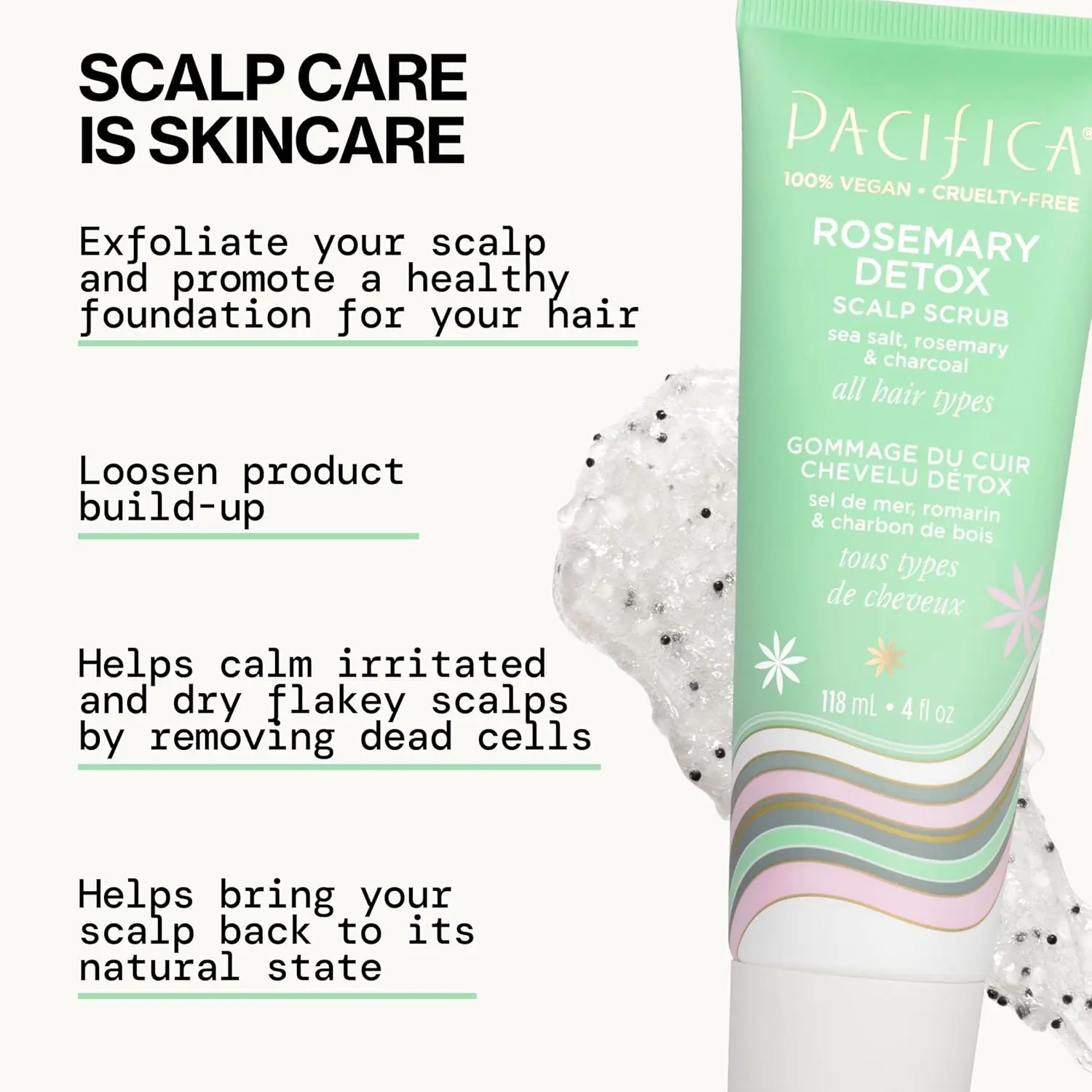 Pacifica Rosemary Detox Scalp Scrub in white jar exfoliates the scalp to remove buildup with vegan ingredients like rosemary and sea salt.
