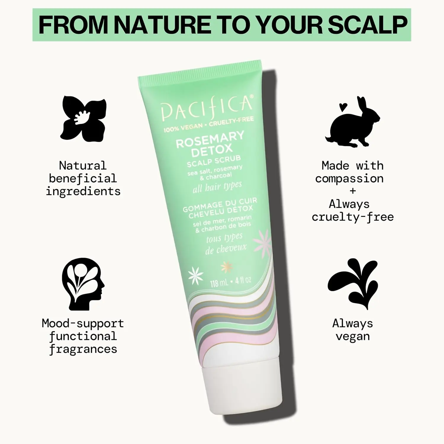 Pacifica Rosemary Detox Scalp Scrub in white jar exfoliates the scalp to remove buildup with vegan ingredients like rosemary and sea salt.