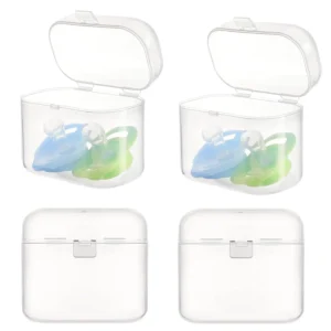 Clear pacifier case holder protects pacifiers from dust and debris, storing two pacifiers, clips, or small snacks, ideal for travel and easy to clean.