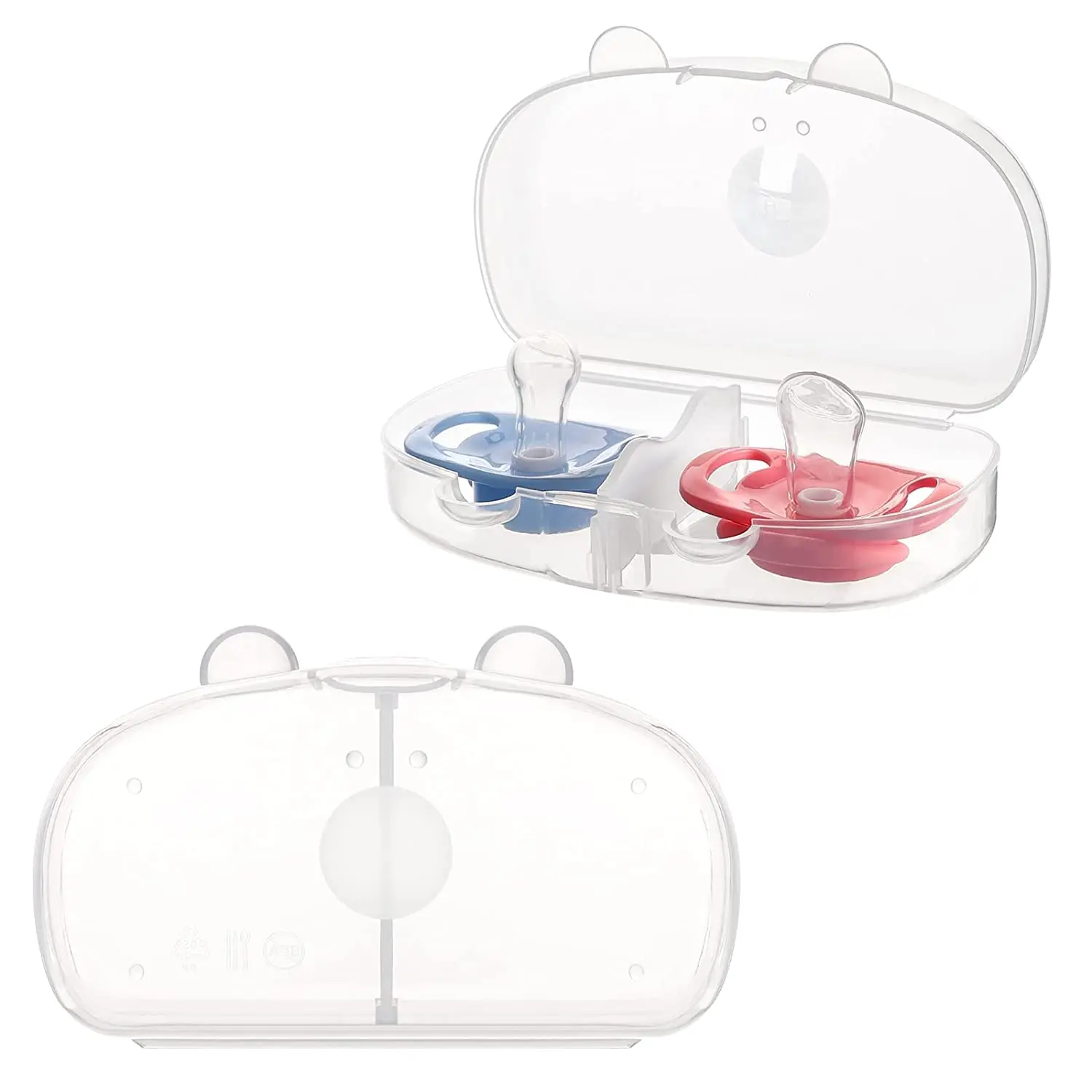 Clear BPA-free pacifier case holds two pacifiers, keeping baby's soothers clean and protected from dust during travel or at home.