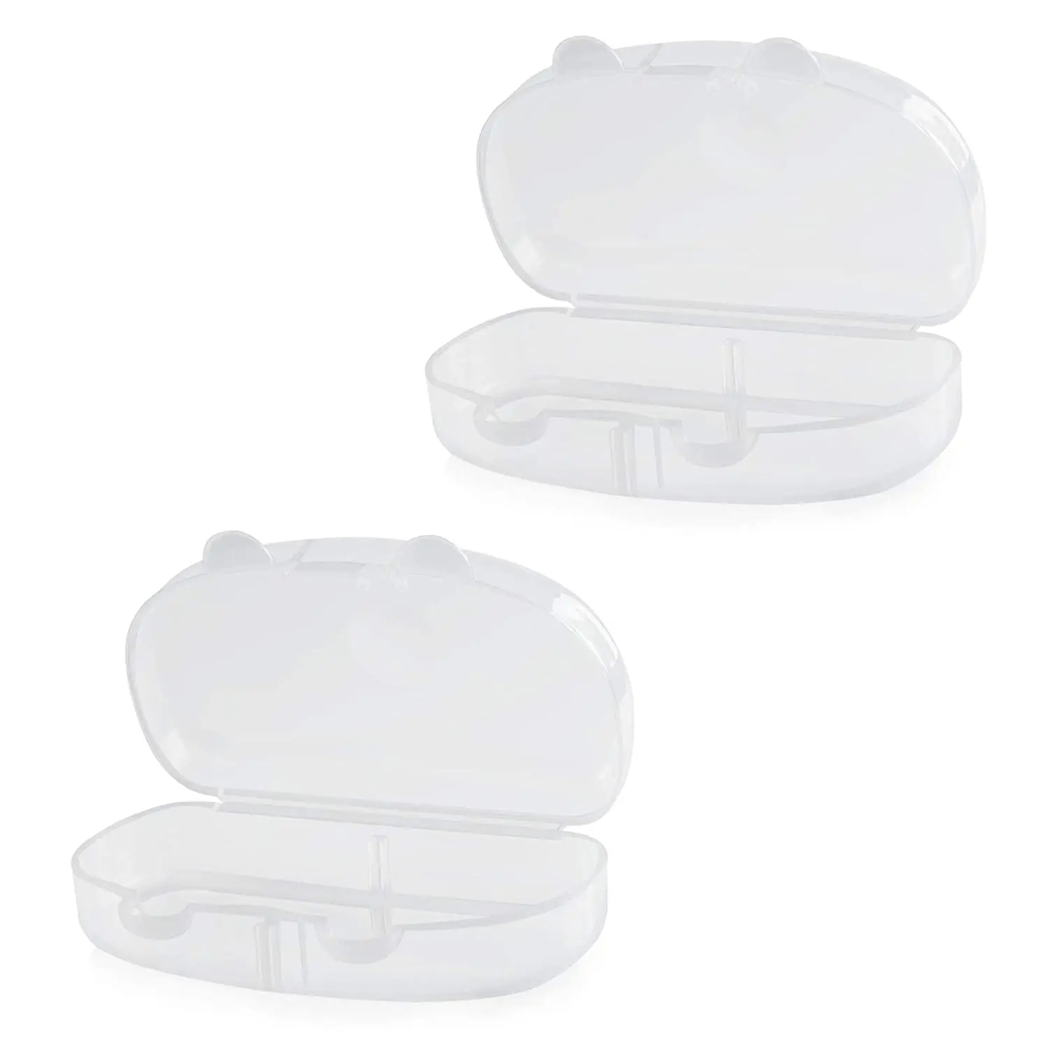 Clear BPA-free pacifier case holds two pacifiers, keeping baby's soothers clean and protected from dust during travel or at home.