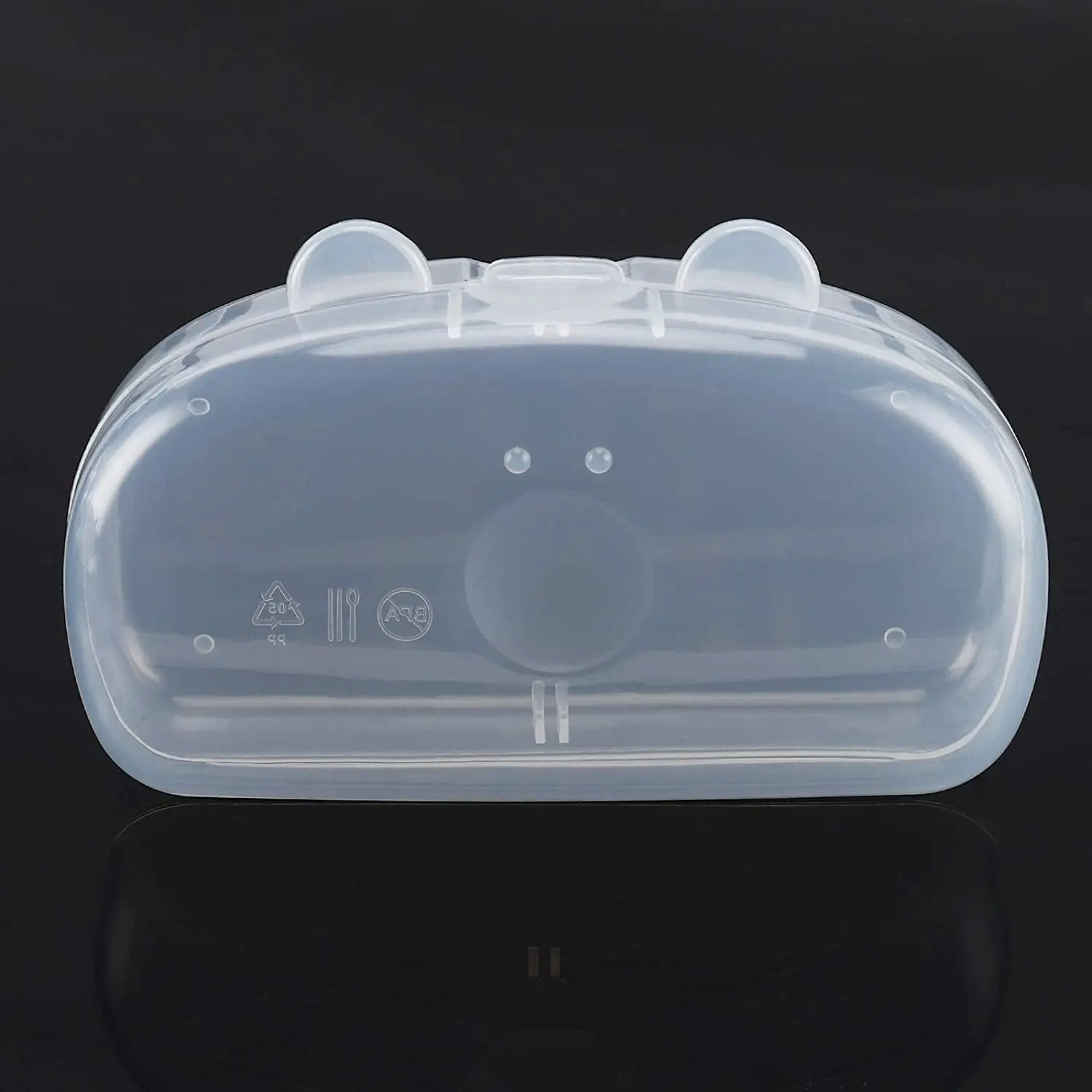 Clear BPA-free pacifier case holds two pacifiers, keeping baby's soothers clean and protected from dust during travel or at home.
